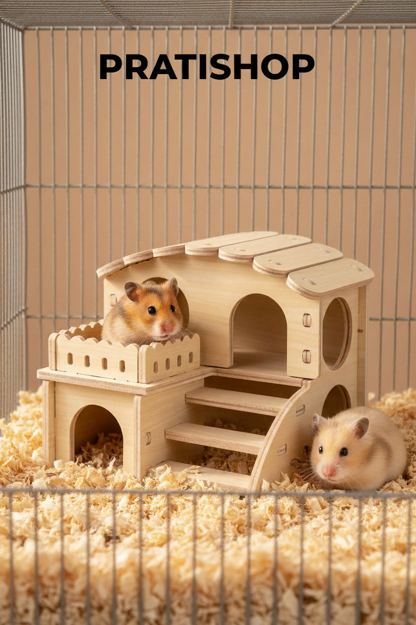 Cabane en Bois pour Hamster – Maison 2 Étages 14x13x12.5 cm